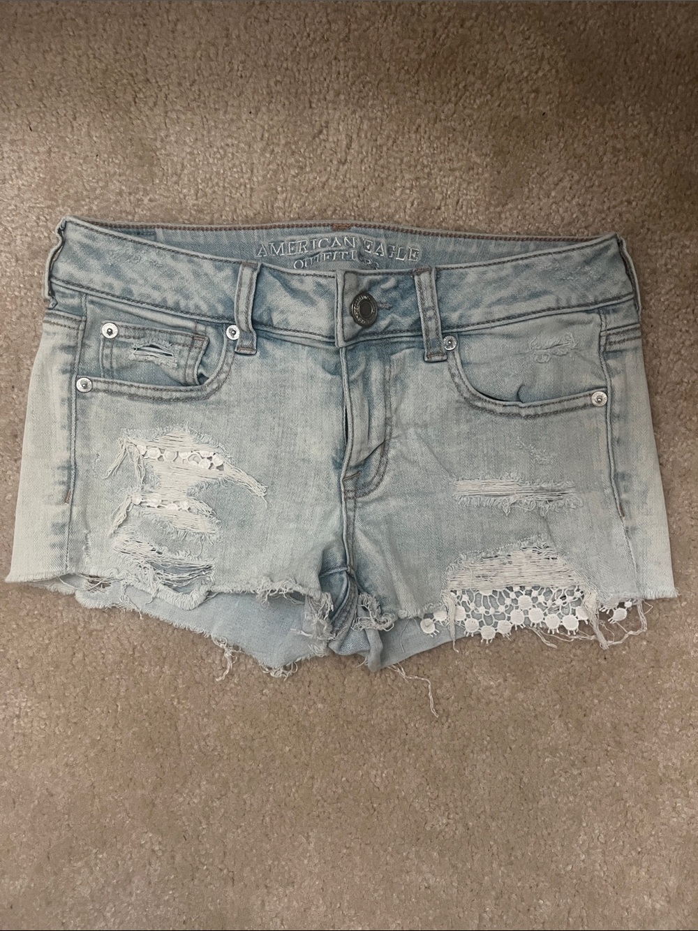 American Eagle Outfitters Light Blue Distressed Lace-Trim Denim Shorts